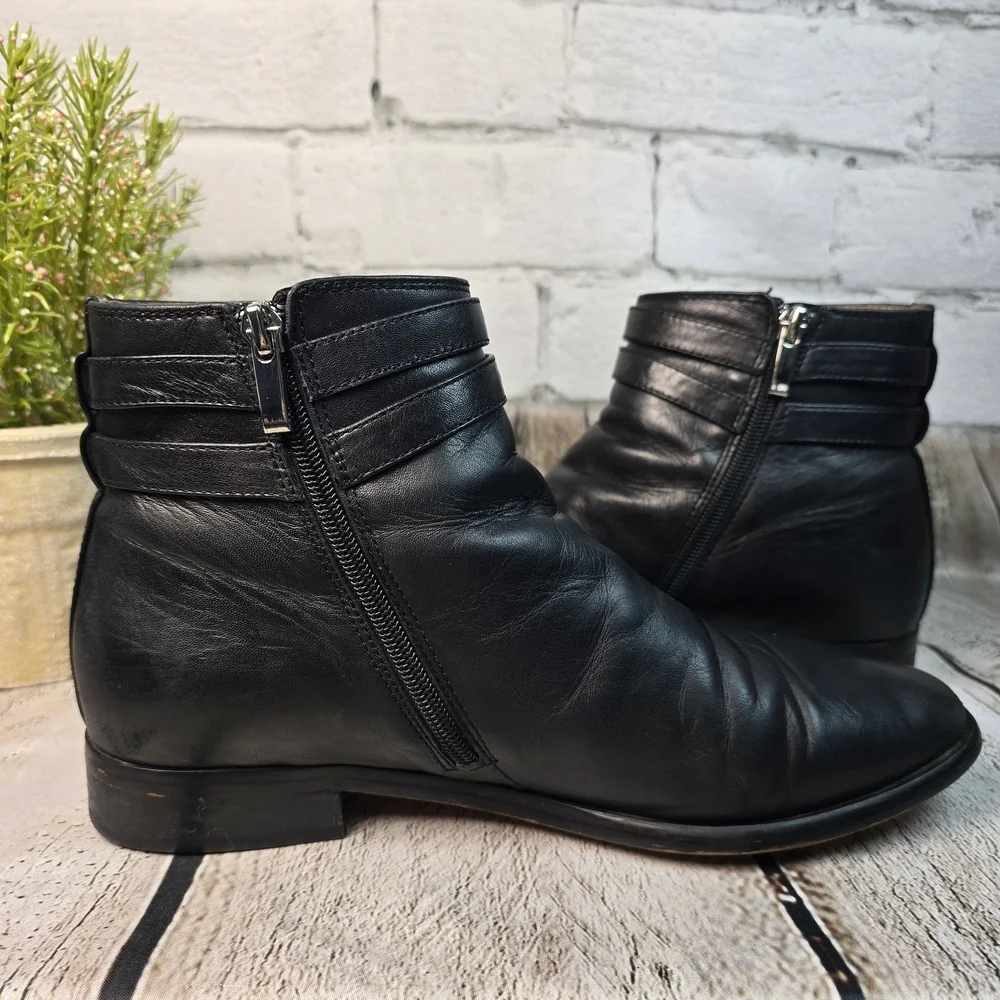 J. JILL BLACK LEATHER WOMENS ANKLE BOOTS SIDE ZIP ROUND TOE BUCKLE 9.5